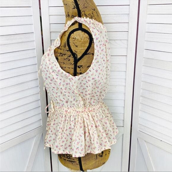 Madewell Bright Buds Shirred Drawstring Tank Top Cream Pink Medium Cottage - Picture 3 of 16